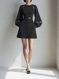 Women's Elegant Black Ponte Knit Round Neck Balloon Sleeve Satin Trim Fit And Flare Mini Dress MDZ1579G1ZSQ