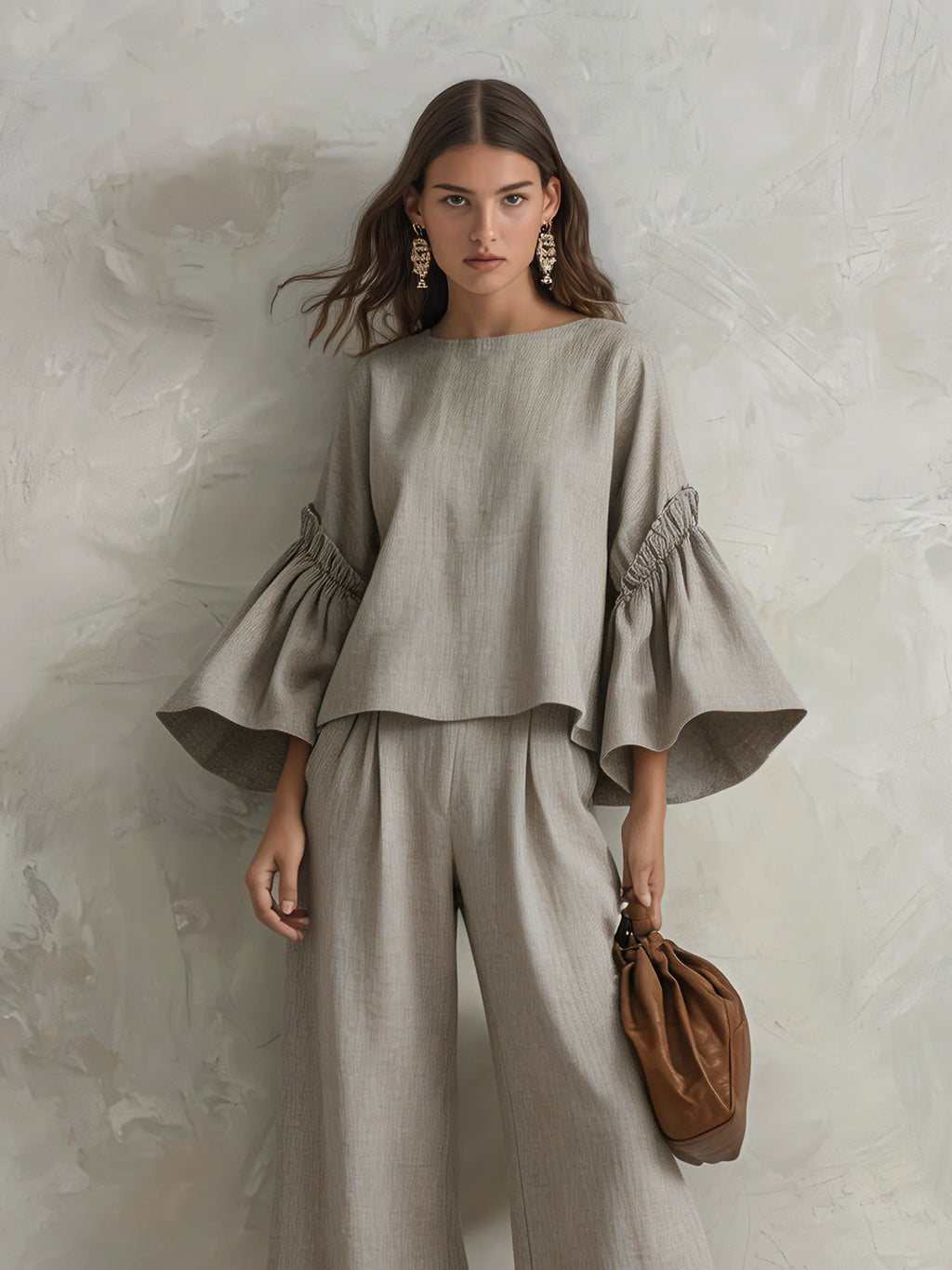 Women's Casual Grey Cotton-linen Long-sleeve Crew-neck Top Paired With Trousers MDZ1602G6LXY
