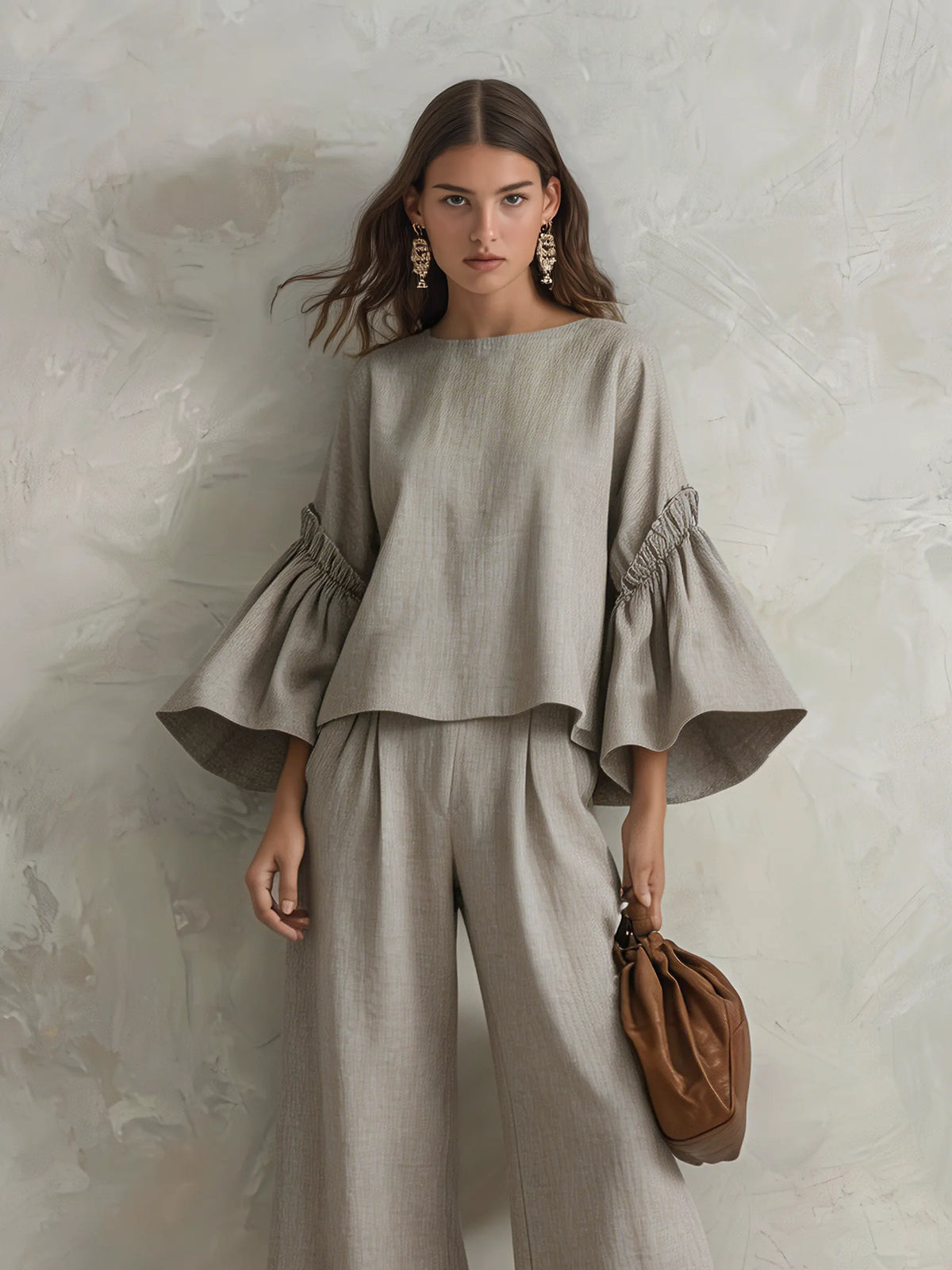 Women's Casual Grey Cotton-linen Long-sleeve Crew-neck Top Paired With Trousers MDZ1602G6LXY