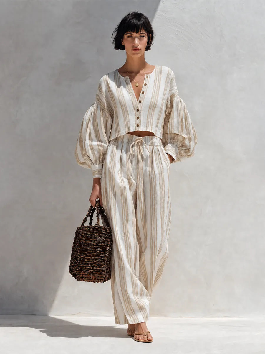Women's Bohemian Beige Striped Cotton Linen Blend V-Neck Balloon Sleeve Cropped Top And Wide-Leg Pants Two-Piece SetMDZ0966G9ZSQ