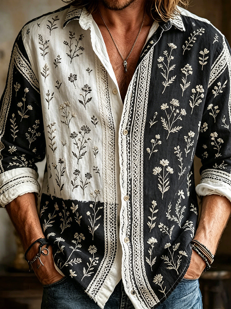 Men's Spring Floral Art Embroidered Cotton Linen Black And White Color Block Long Sleeve Shirt