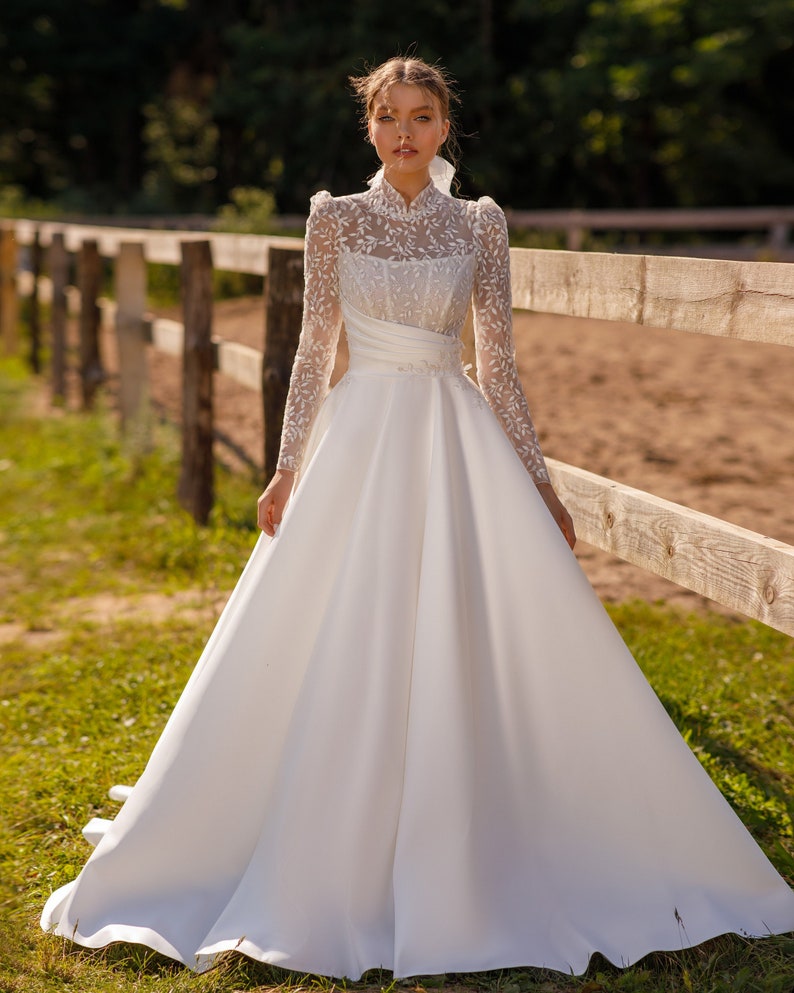 satin lace ivory bride bridal sexy a line wedding dress off white long sleeve formal ceremony summer beach light button train leaf drapery