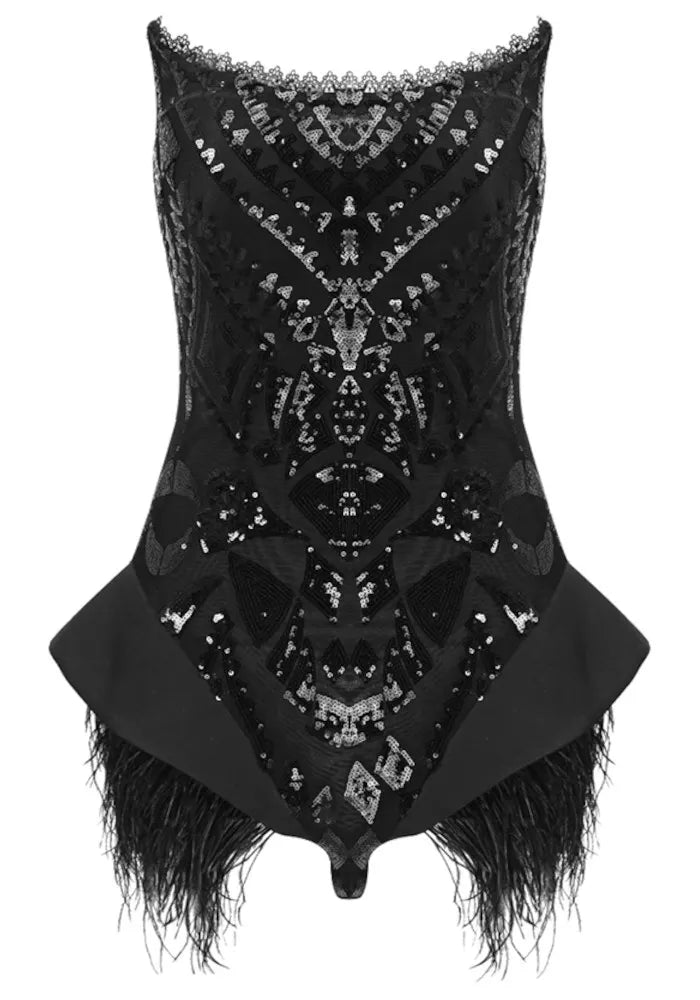 Strapless Sequin Feather Bodysuit Black