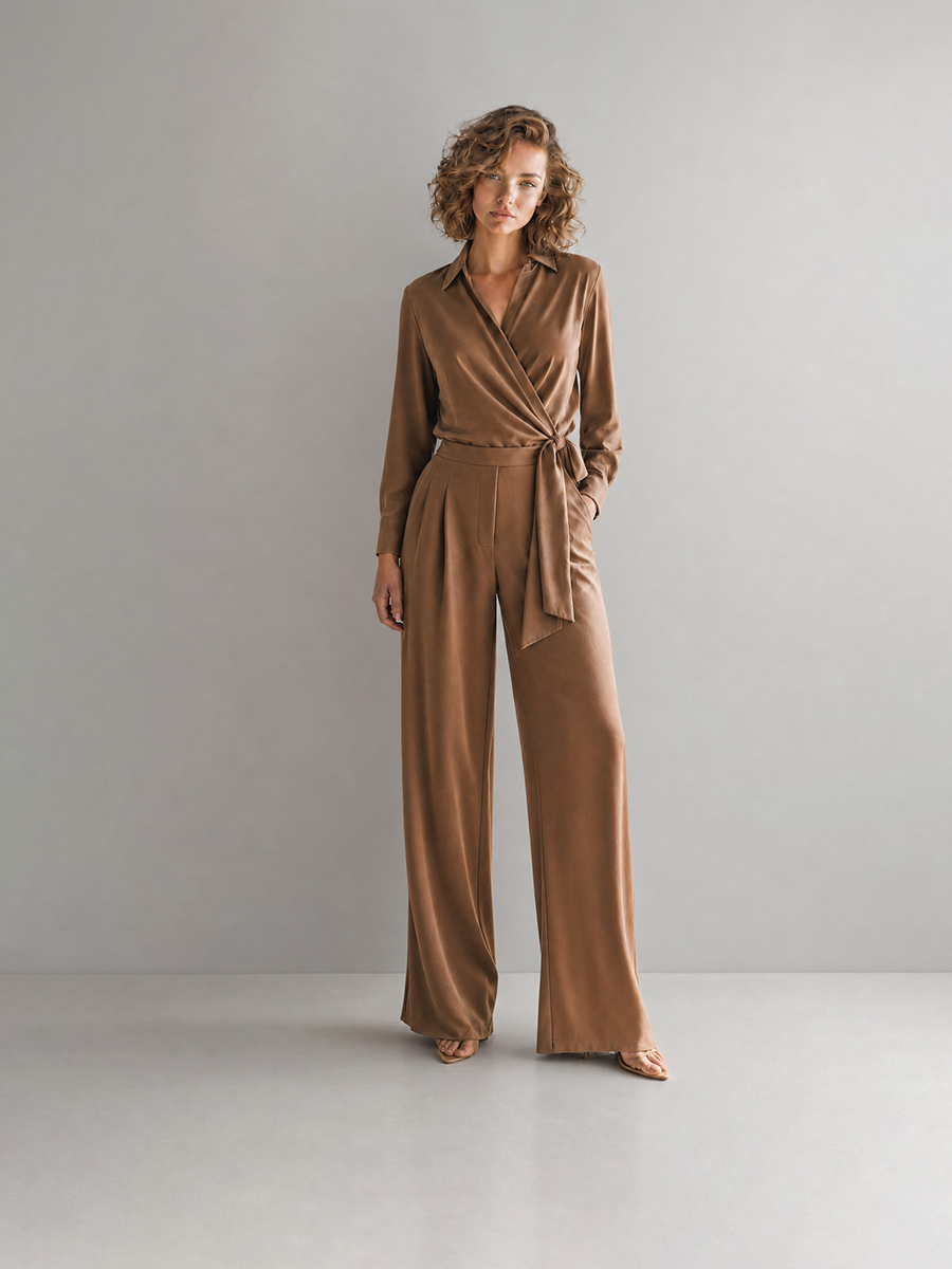Caramel Wrap Tie Long Sleeve Shirt & Wide Leg Pants Two-Piece Set MDZ1754G3CMX