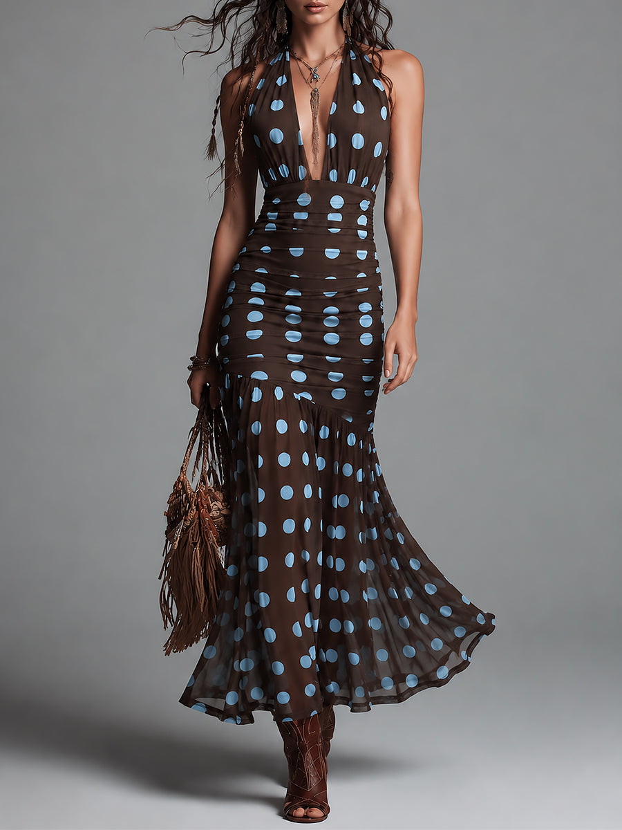 Elegant Halter-neck Polka-dot Mesh Mermaid Maxi Dress