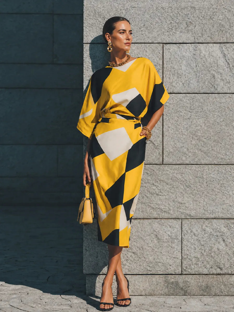 Women's Luxury Retro Yellow Black Geometric Print Cotton Blend Waist Tie Split Midi Skirt Two Piece Set MDZ0913G2GMJ