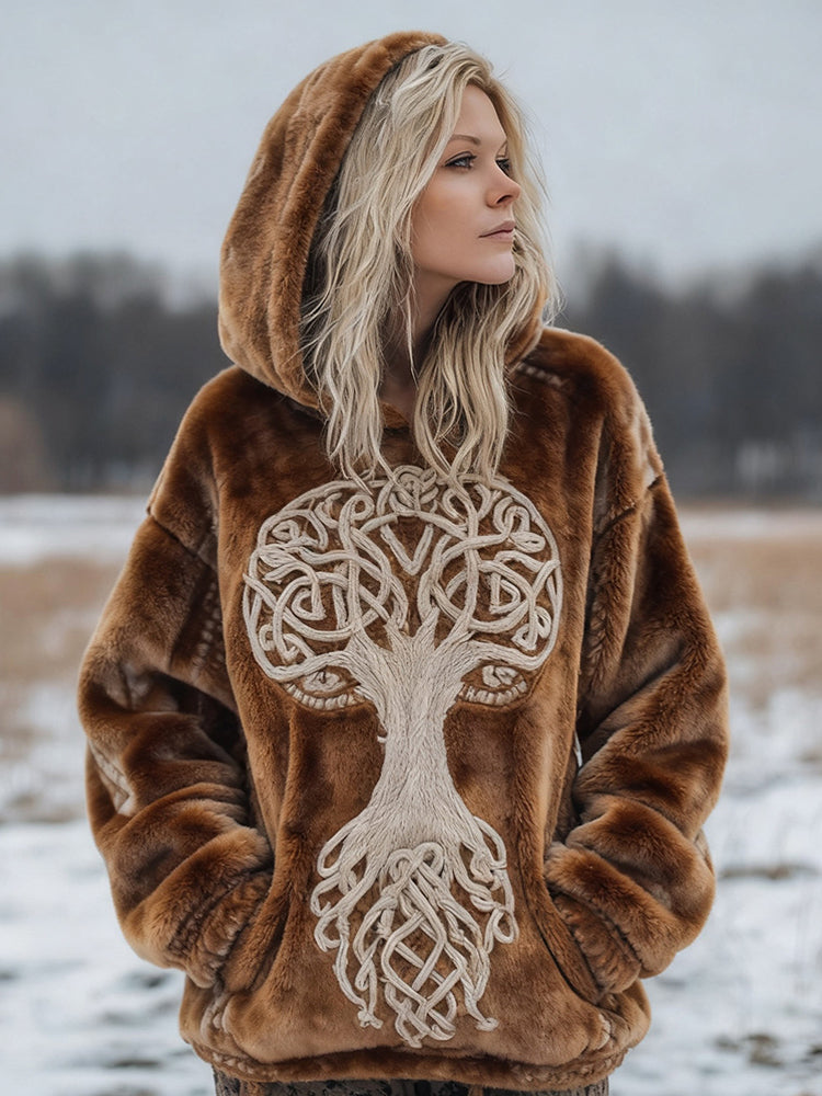 Viking Tree Of Life Embroidered Cozy Plush Hoodie