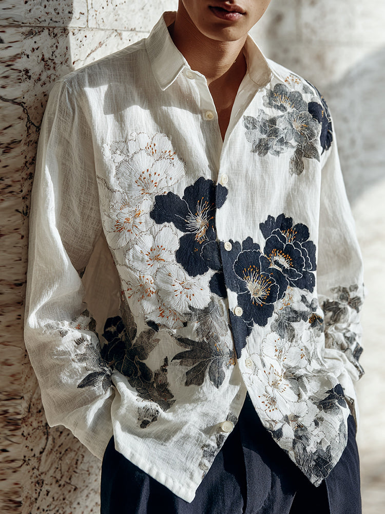Men's Japanese Flower Art Print Long Sleeve Shirt