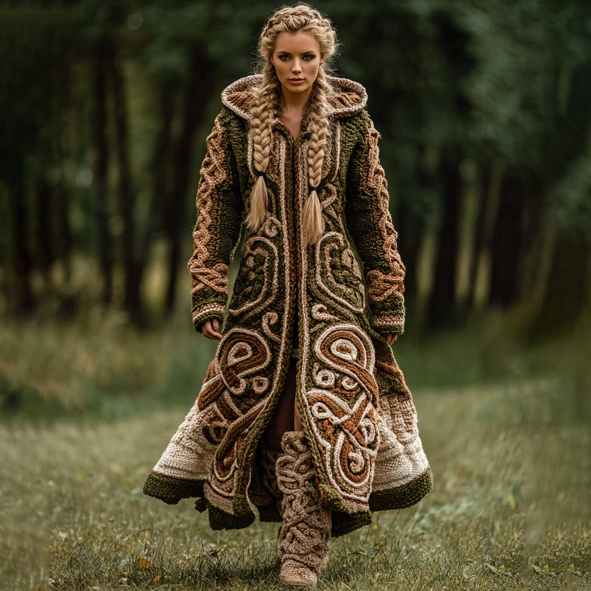 Vintage Viking Celtic Knot Rune Contrast Knit Hooded Coat
