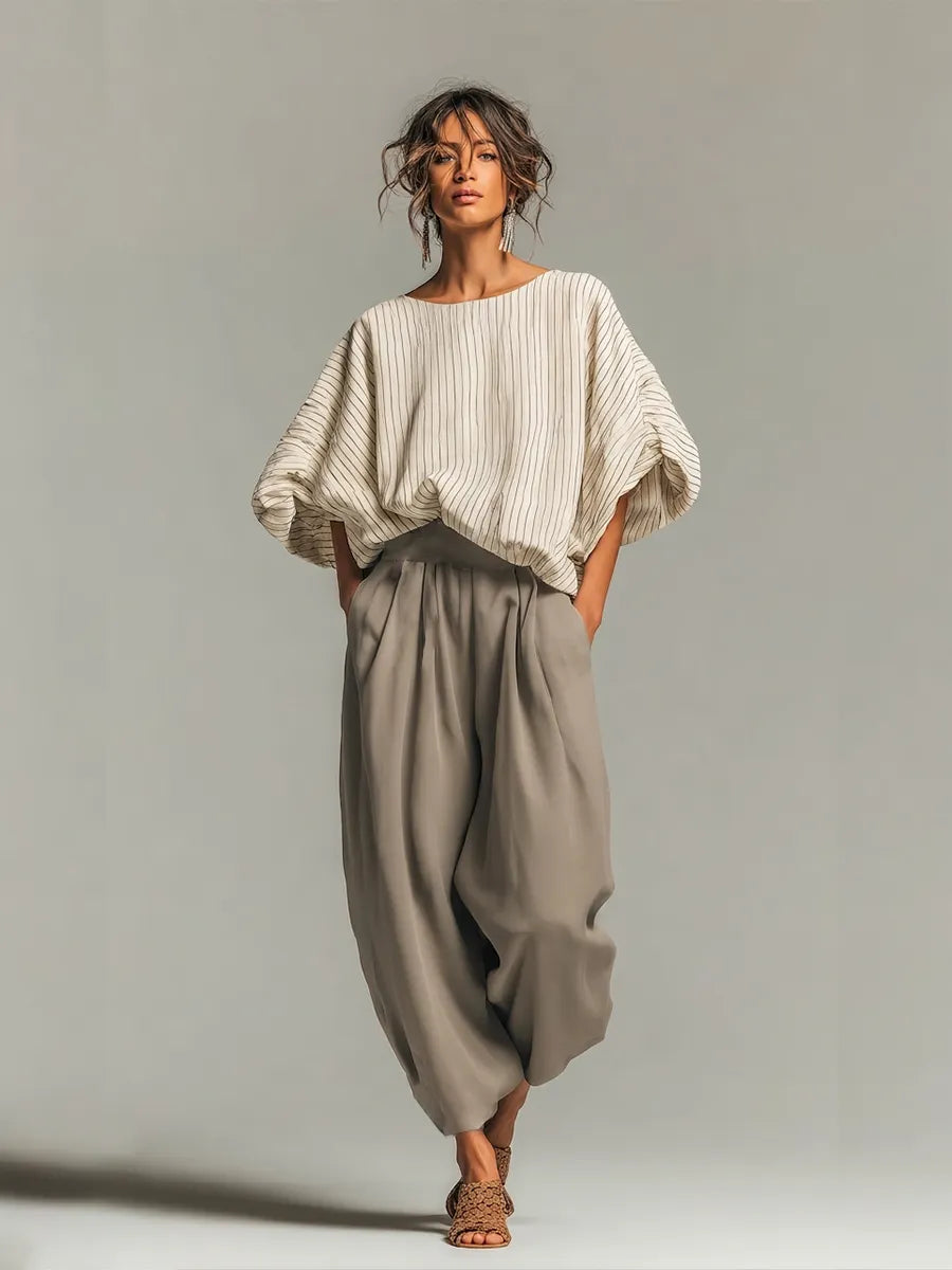 Women's Beige Pinstripe Woven Co-Ord With Loose Boat Neck Bubble Sleeve Top & High Waist Baggy Gray Side Pocket Trousers, Modern Effortless-Chic Daily Two-Piece Set MDZ0187G8LYL