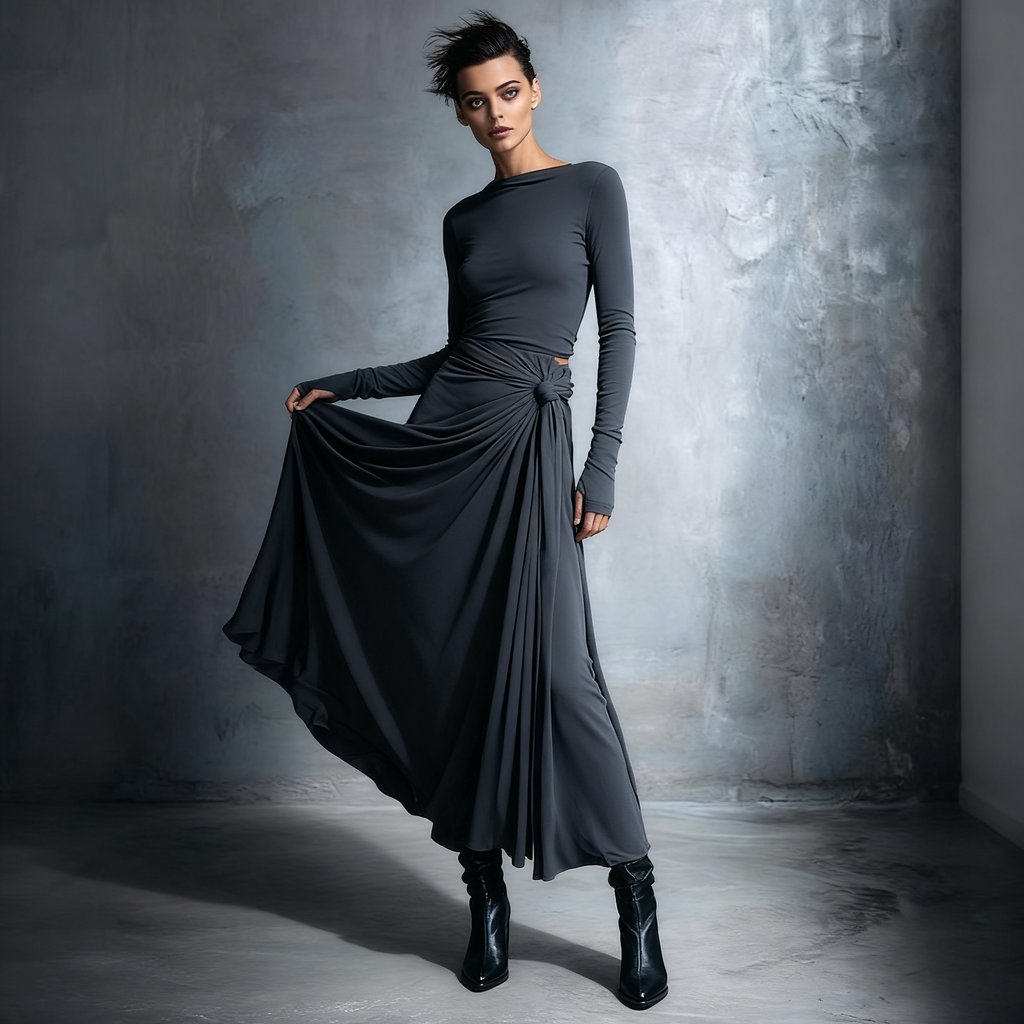 Women's Vintage Elegant Gray Draped Maxi Dress With Long Sleeves