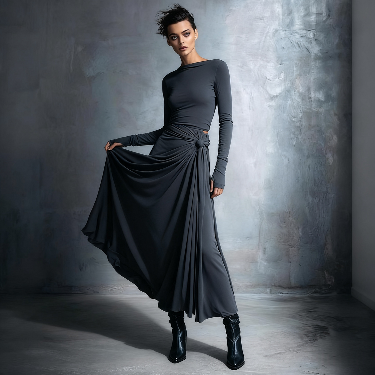 Women's Vintage Elegant Gray Draped Maxi Dress With Long Sleeves
