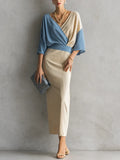 Women's Minimalist Premium Off White And Light Blue Cotton Blend V Neck Contrast Color Fitted Long Skirt Outfit MDZ0221G7GMJ
