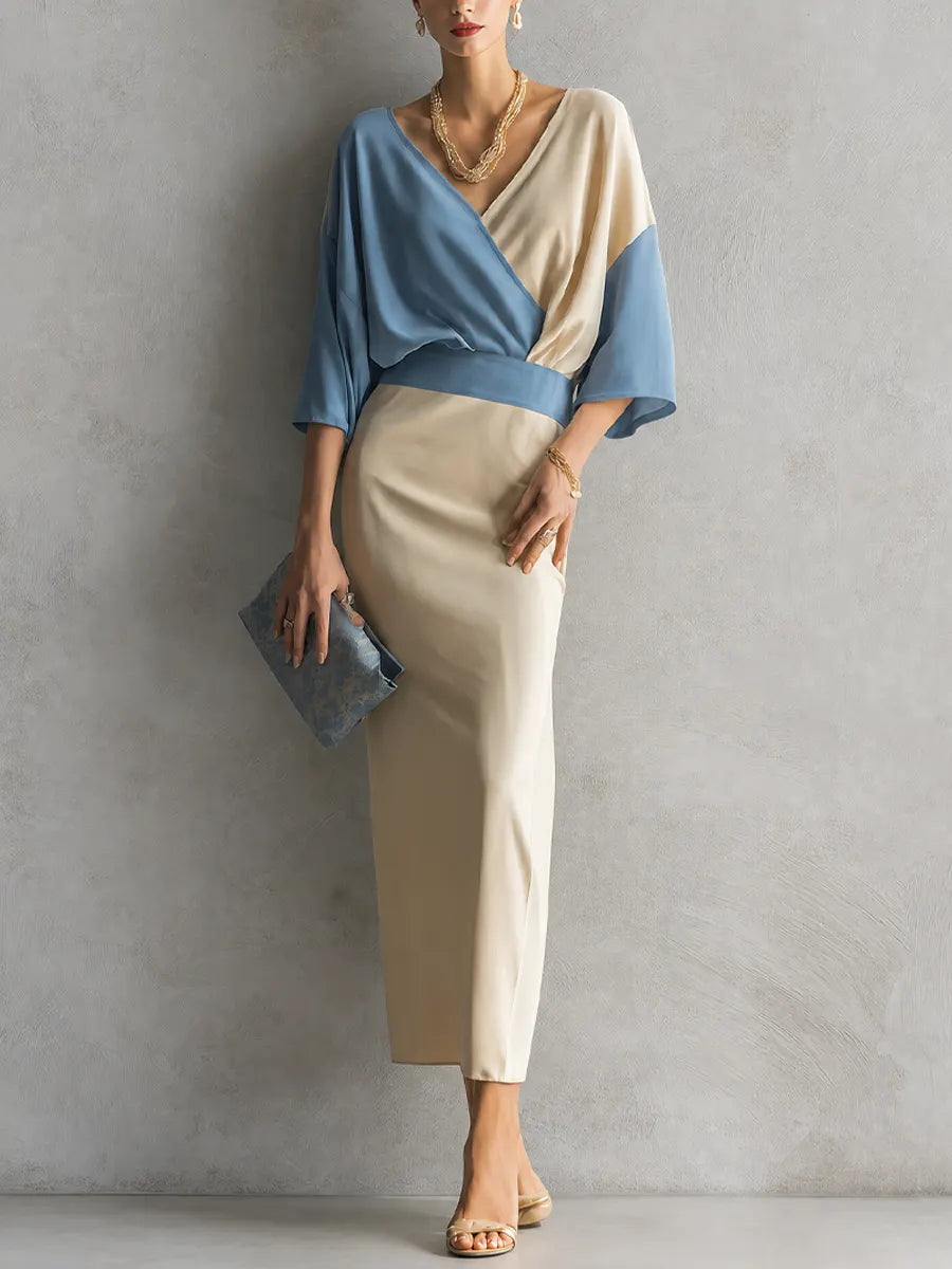 Women's Minimalist Premium Off White And Light Blue Cotton Blend V Neck Contrast Color Fitted Long Skirt Outfit MDZ0221G7GMJ