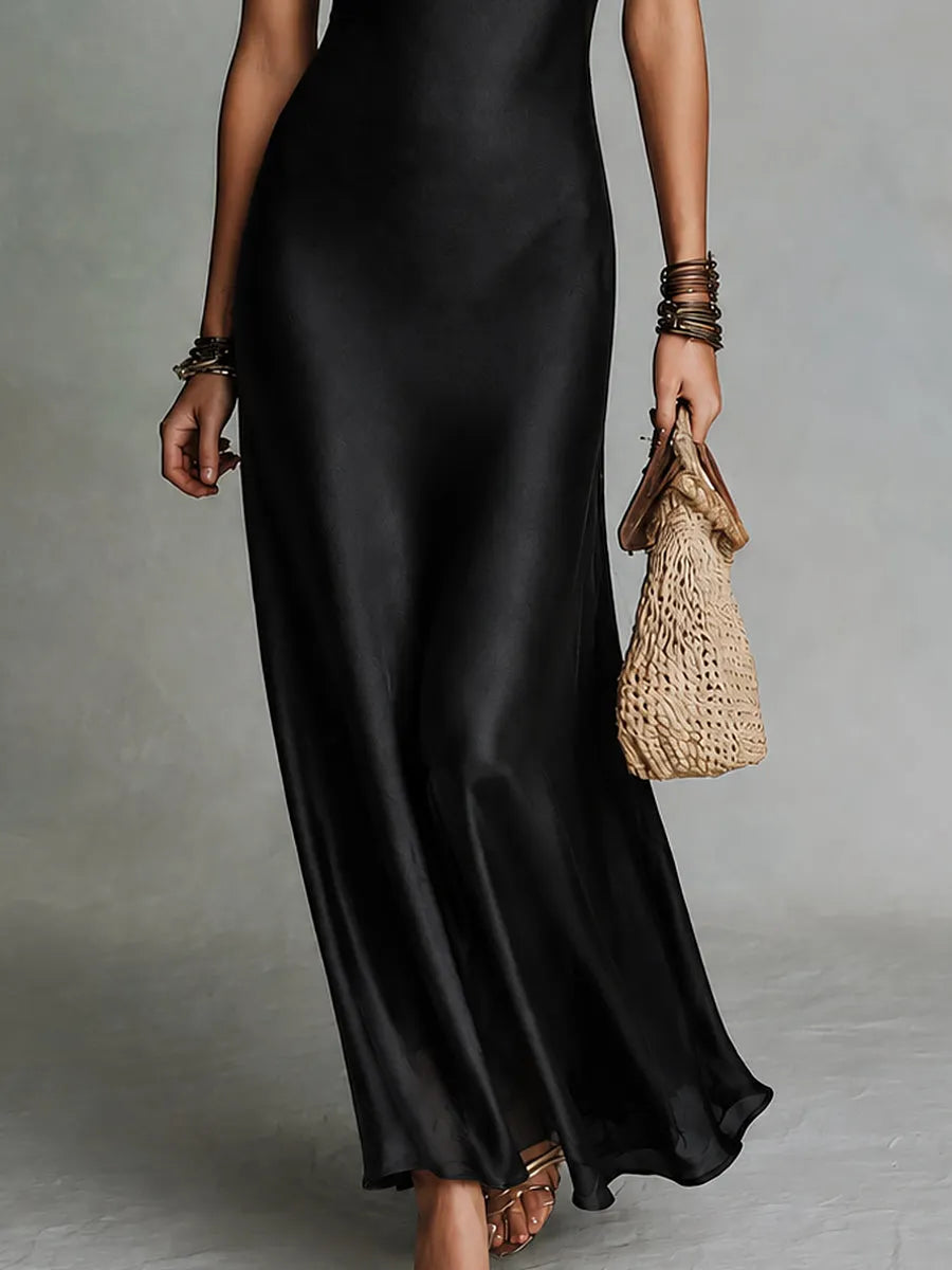 Vintage-style Satin Round Neck Maxi Dress With Mesh Paneling