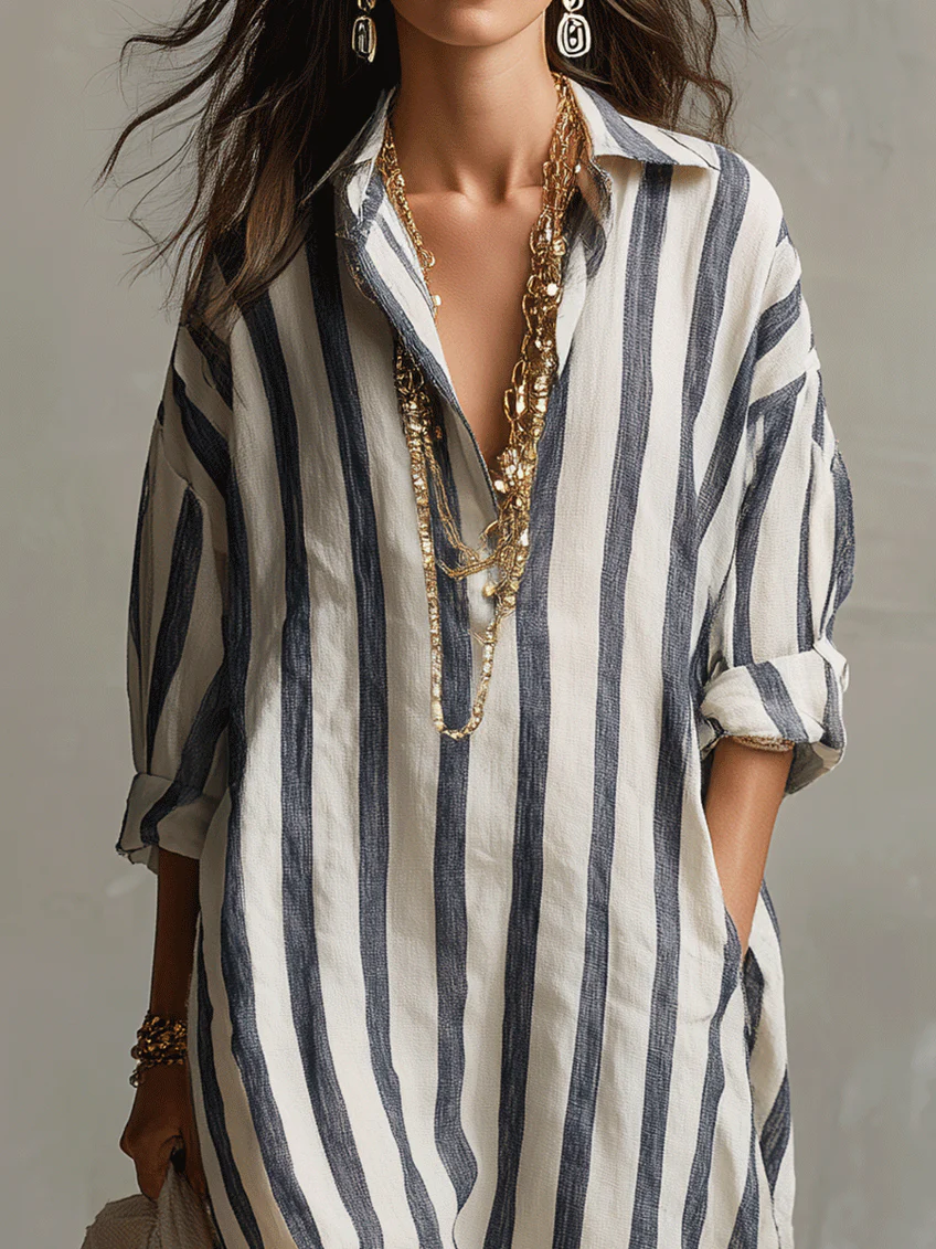 Off-white Casual Striped Shirt Bohemian Style Maxi Dress