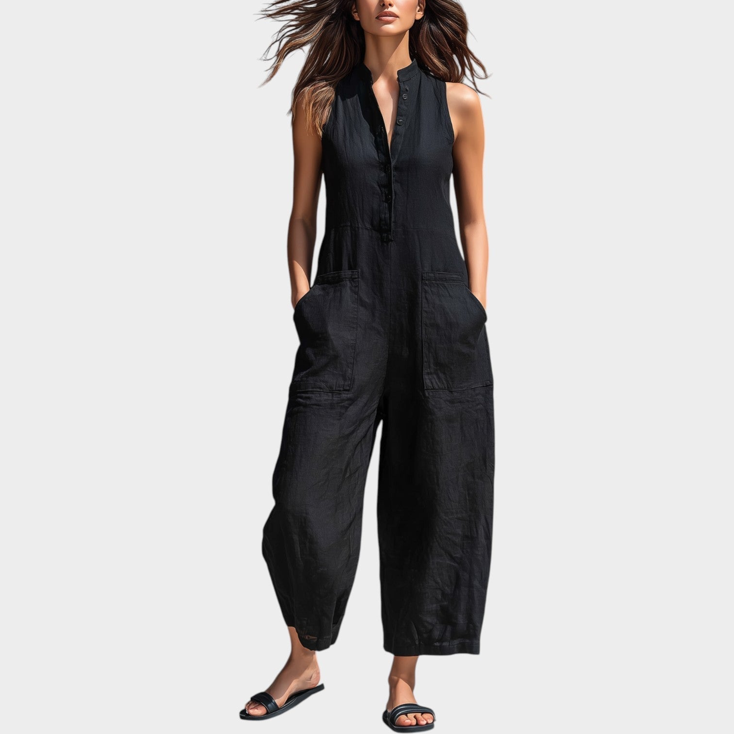 Sleeveless ButtonâFront Jumpsuit