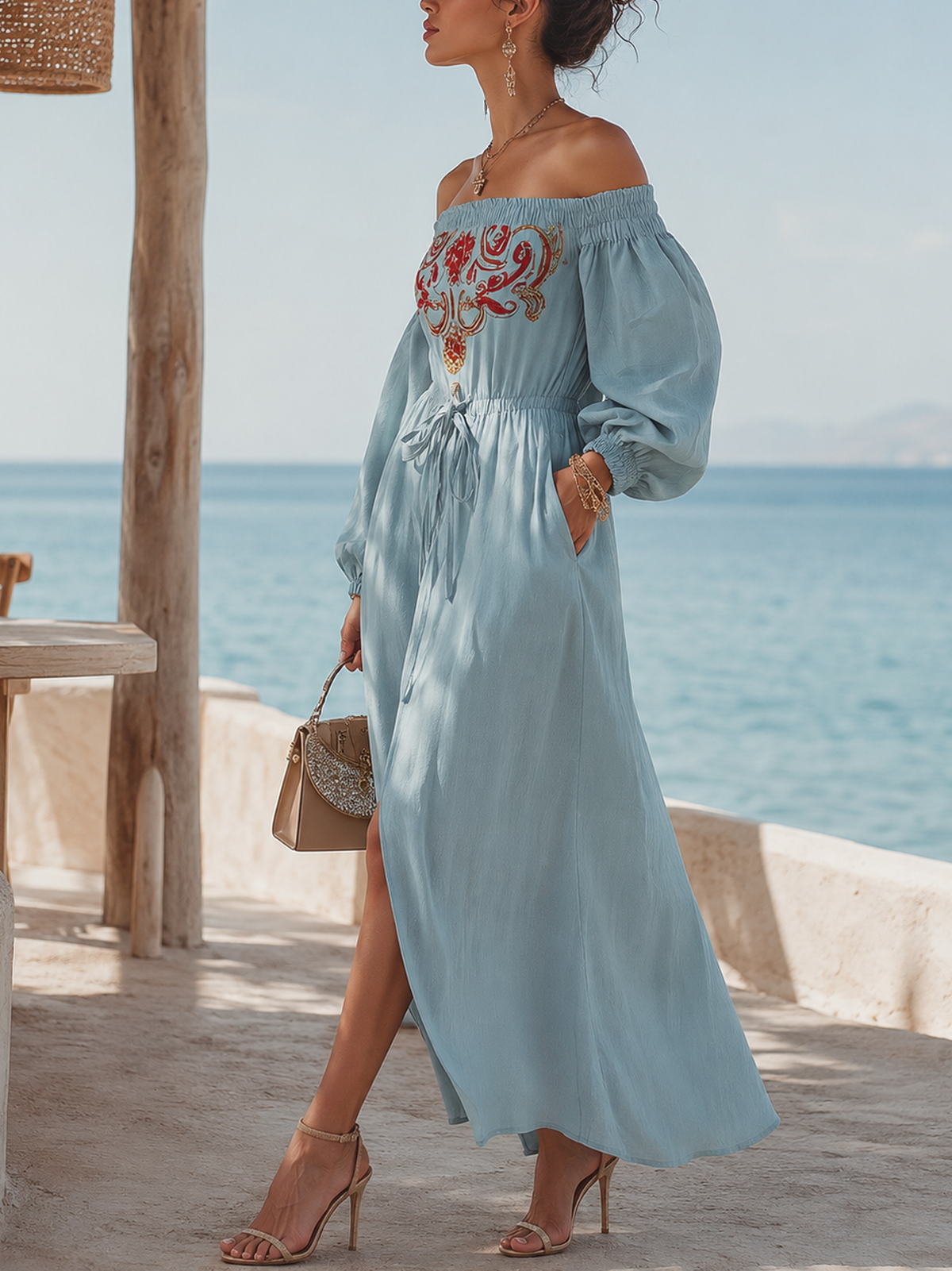 Blue Off Shoulder Vintage Embroidered Maxi Dress