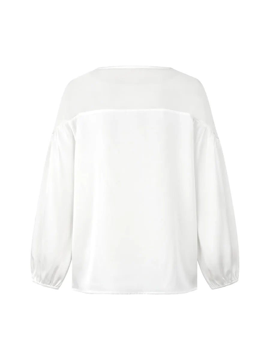 Loose Puff Sleeves Applique Flower Shape Mesh Split-Joint Round-Neck Blouses&Shirts Tops