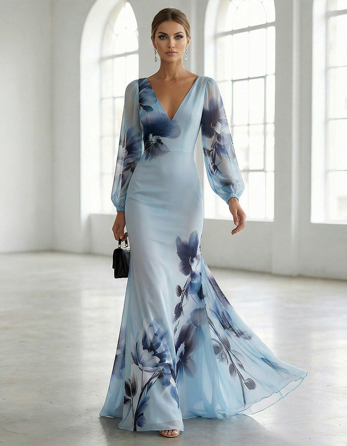 Light Blue Gradient Ink Wash Floral Chiffon V Neck Long Sleeves Maxi Dress