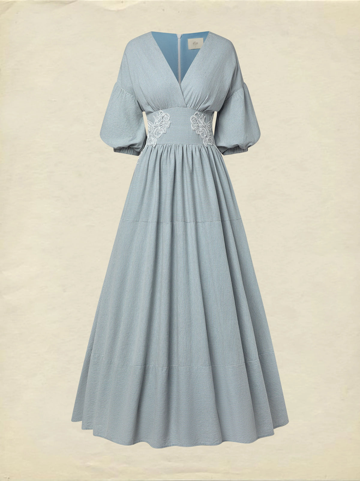 Maxi Cotton Dress, Half Sleeve, V Neck, Plaid, Lace, Vintage, Blue