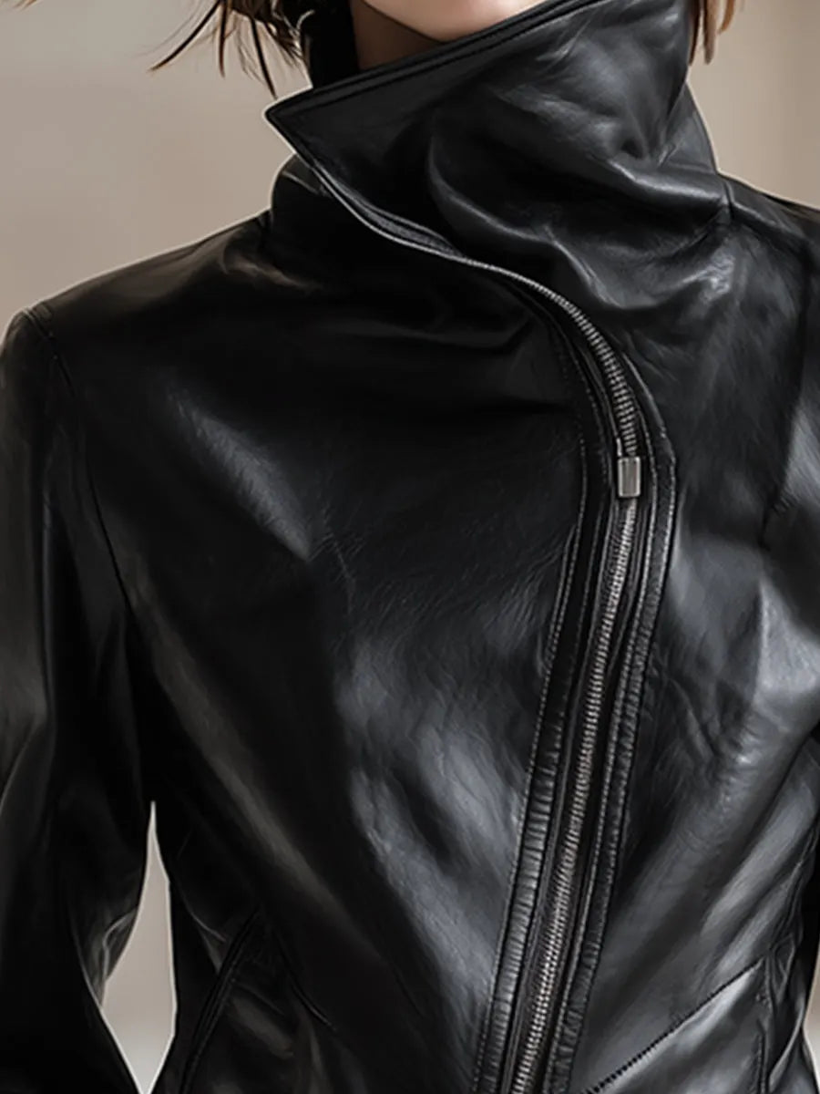 Personality And Fashion High Collar Oblique Zipper Black PU Jacket