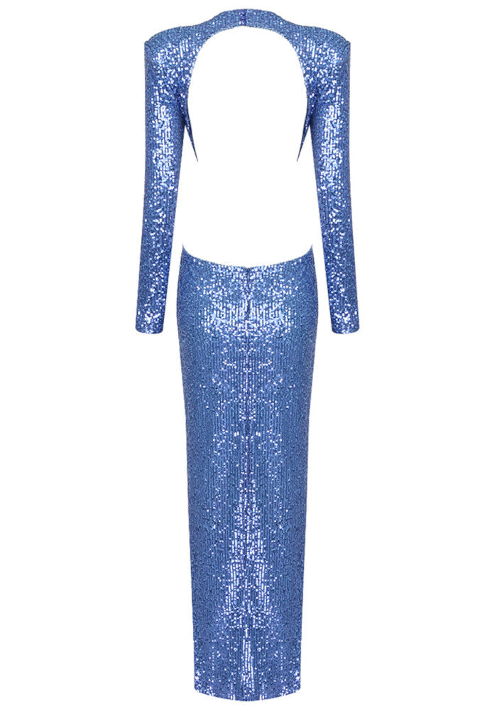 Long Sleeve Crystal Flower Sequin Maxi Dress Blue