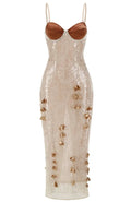 Leaf Detail Bustier Sequin Lace Maxi Dress Brown Nude
