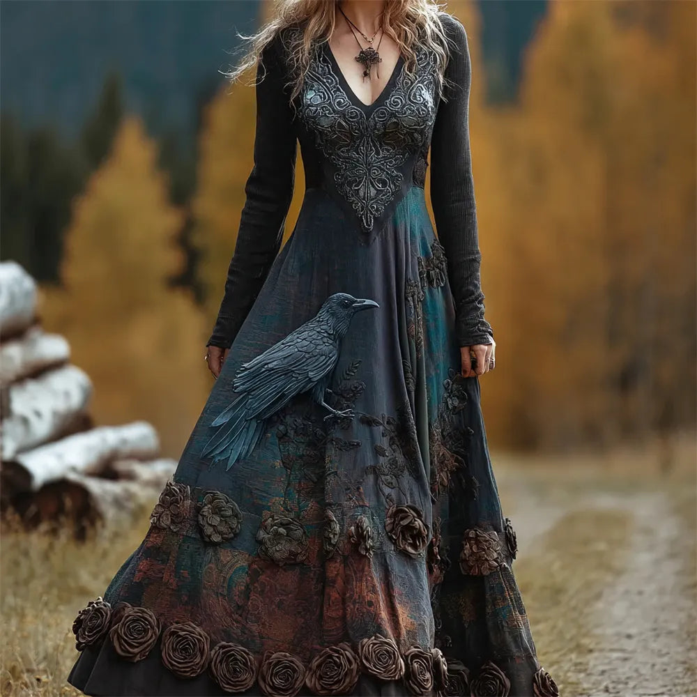 Halloween Crow & Rose Witch Art Women's V-neck Long-sleeve Maxi Dress