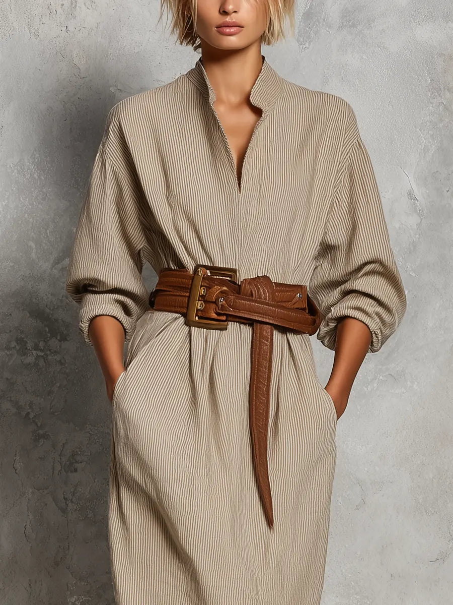 Women’s Beige Fine Vertical Stripe Linen Stand Collar Half Placket Roll Up Sleeve Fringe Hem Midi Shirt Dress With Side Pockets (Belt Not Included) MDZ0274G0T