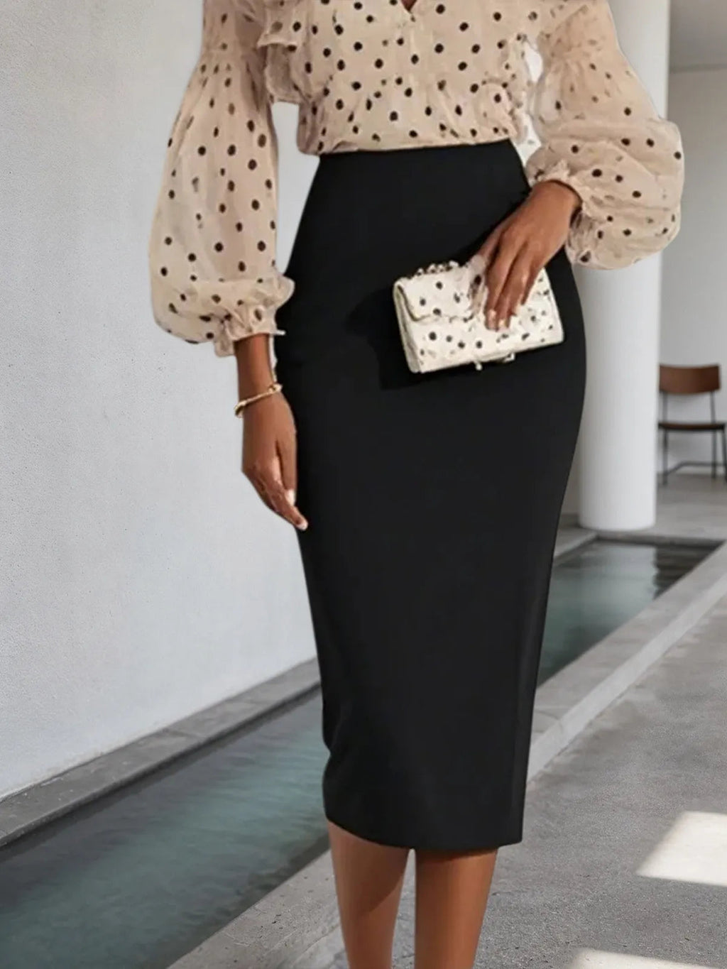 Apricot Peplum Chiffon Long Sleeve Balloon Sleeve Sheath Midi Dress