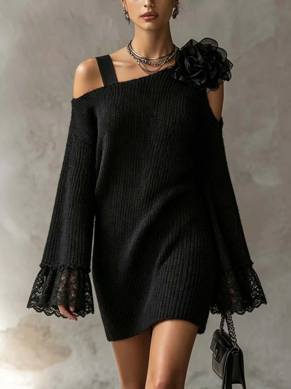 Black One Shoulder Knit Mini Dress With 3D Floral Applique And Lace Cuffs