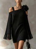 Black One Shoulder Knit Mini Dress With 3D Floral Applique And Lace Cuffs