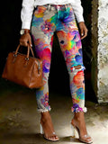 Women's Colorful Floral Print Ripped Skinny Jeans