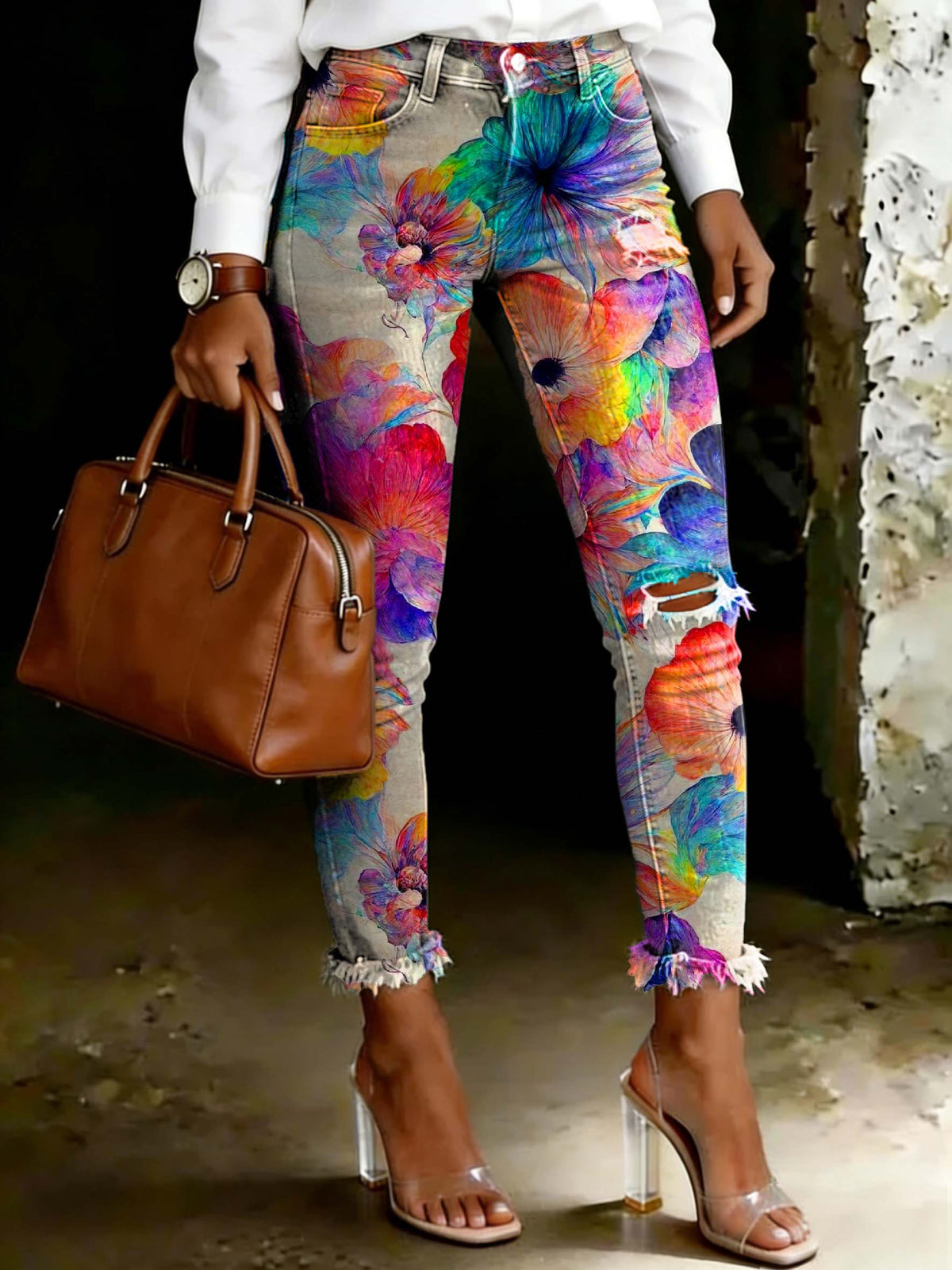 Women's Colorful Floral Print Ripped Skinny Jeans