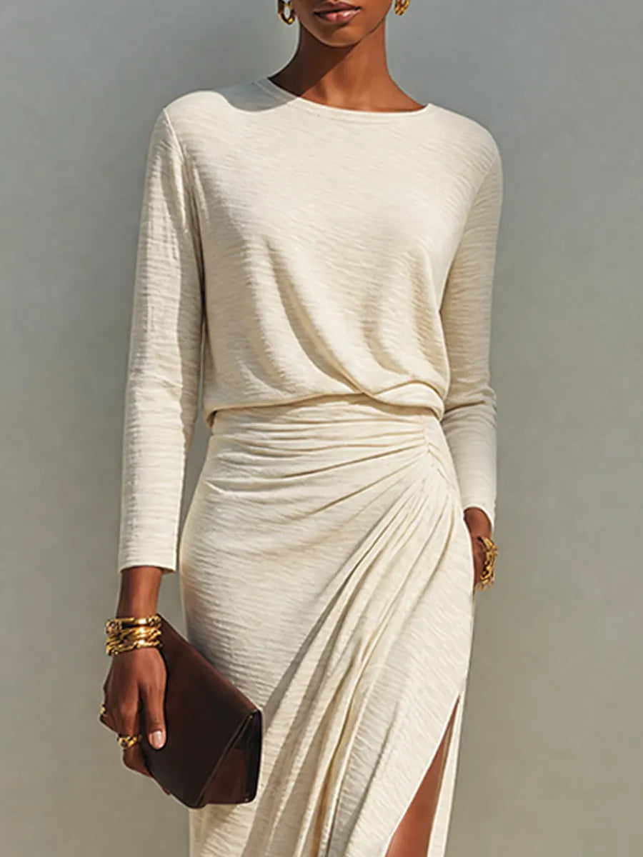 Women's Beige Cotton-Blend Crew-Neck Ruched Slit Maxi Dress MDZ2273G6ZRK