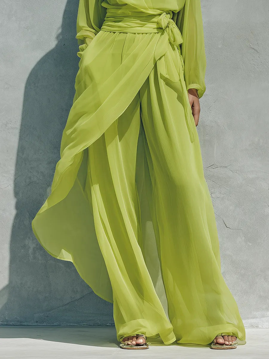 Women’s Lime Green Sheer Chiffon High Neck Balloon Long Sleeve Wrap Tie Waist Overlay Skirt Wide Leg Pants Two Piece Vacation Set MDZ0273G7T