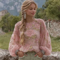 Elegant Bohemian-style Pink Rose Embroidered Comfortable Casual Linen Waist-cinching Top