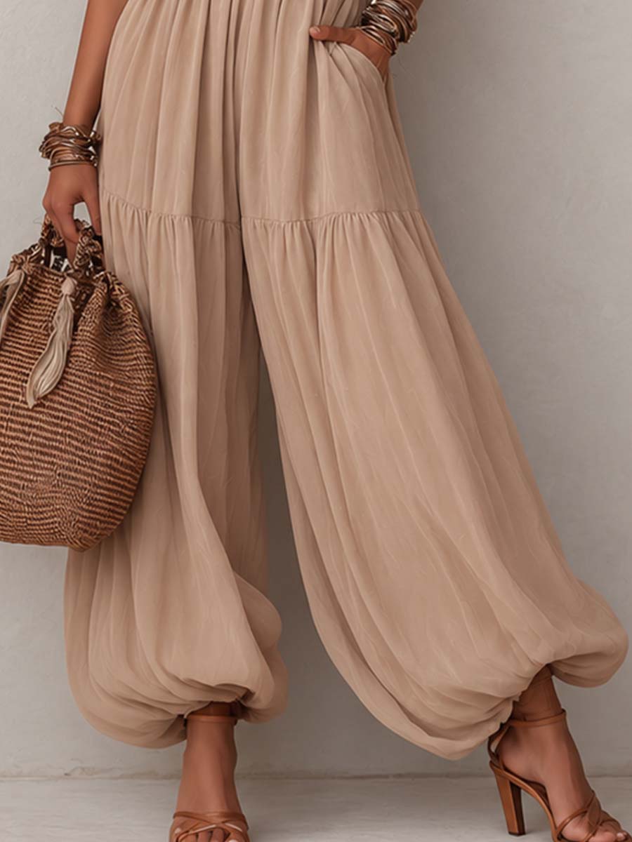 Retro Ruffle-Collar Smocked-Waist Jumpsuit