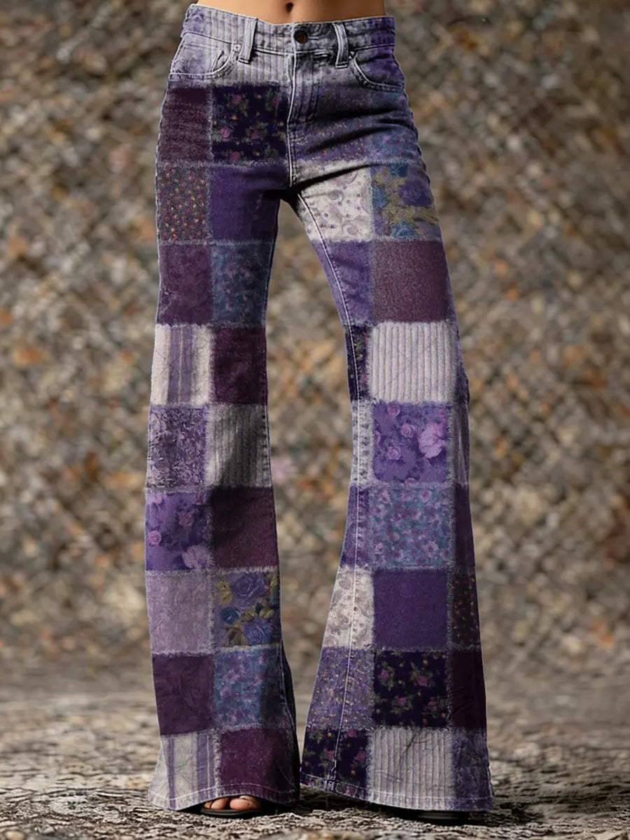 Women's Vintage Floral Patchwork Art Print Casual Washed  Pants