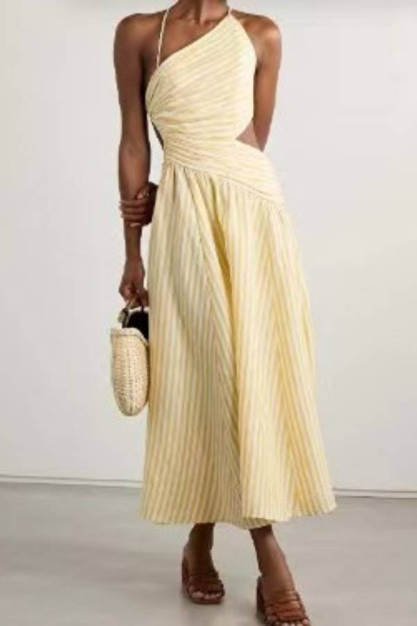 One-Shoulder Halter Stripe Cutout Flare Midi Dress
