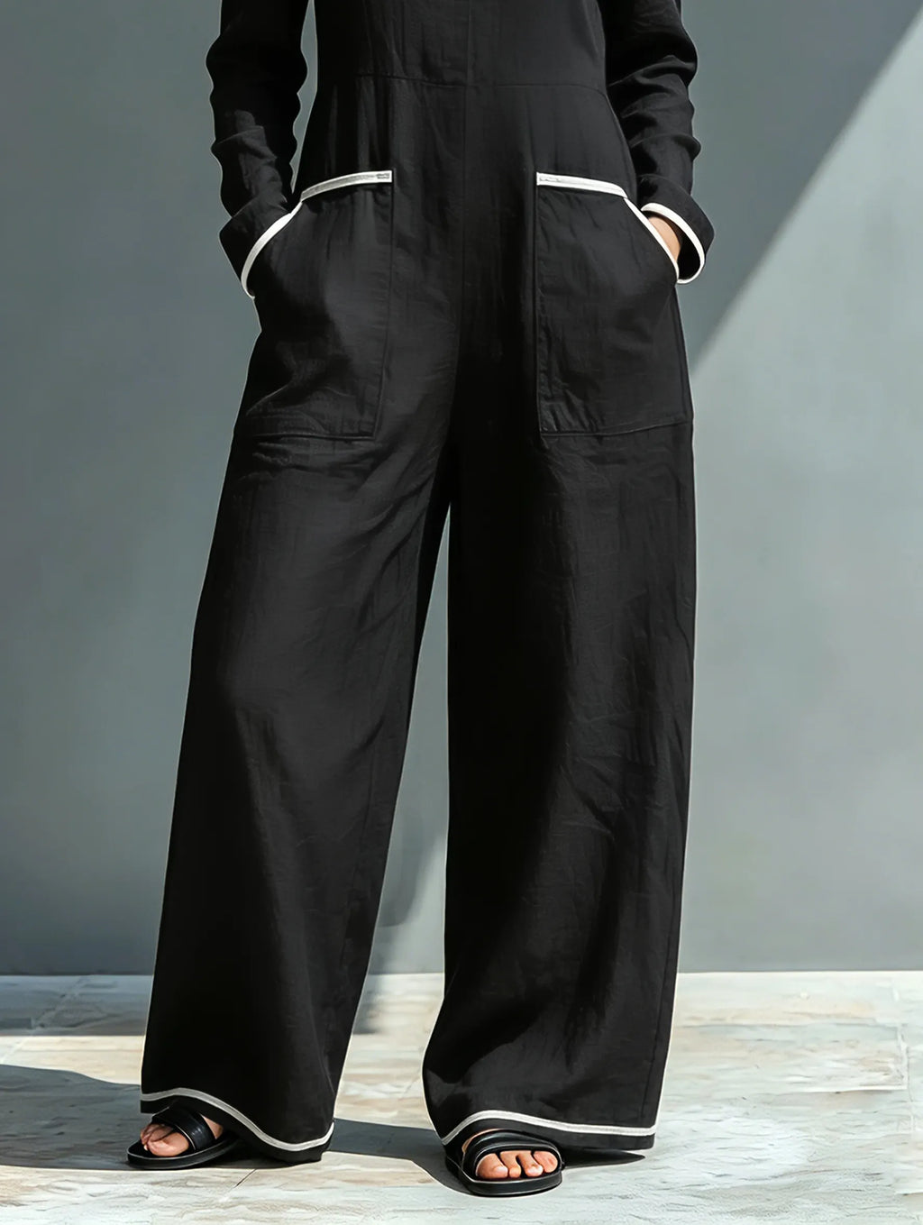 Women's Minimalist Casual Off-Shoulder Long-Sleeve Jumpsuit With White Trim MDZ3037F1WY
