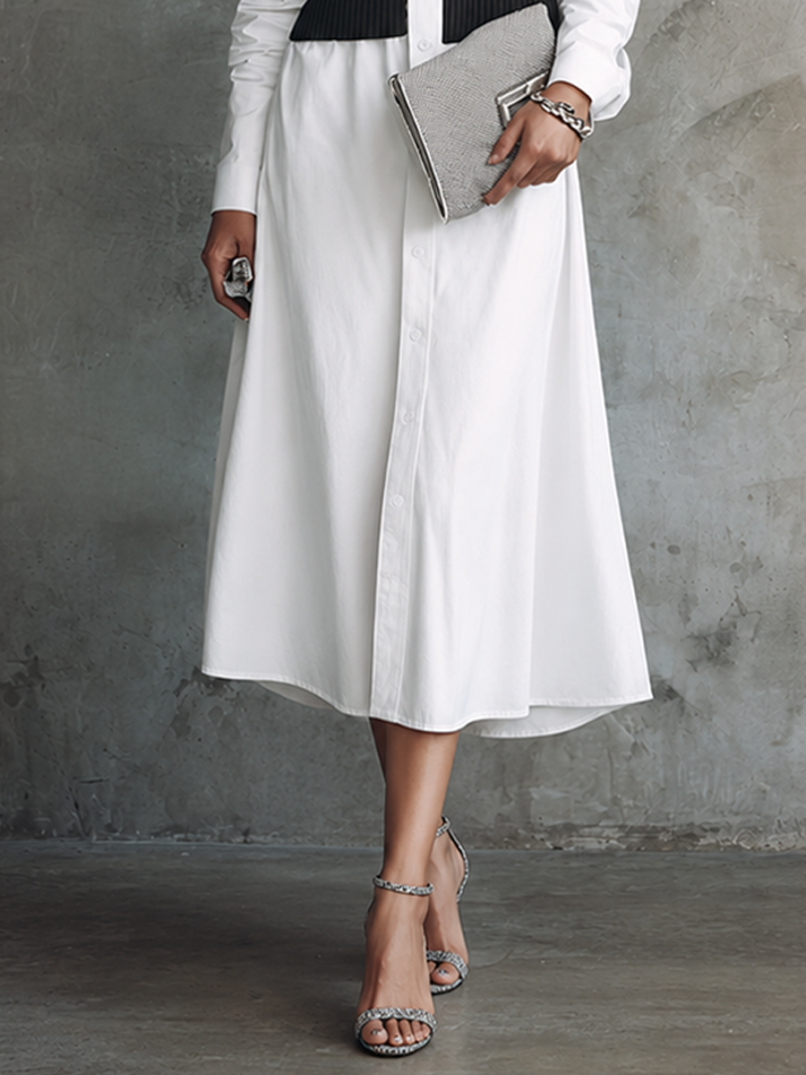 Women's Modern White Woven Cotton Blend Black Ribbed Panel Button-Front Midi Shirt Dress MDZ2474G0GMJ