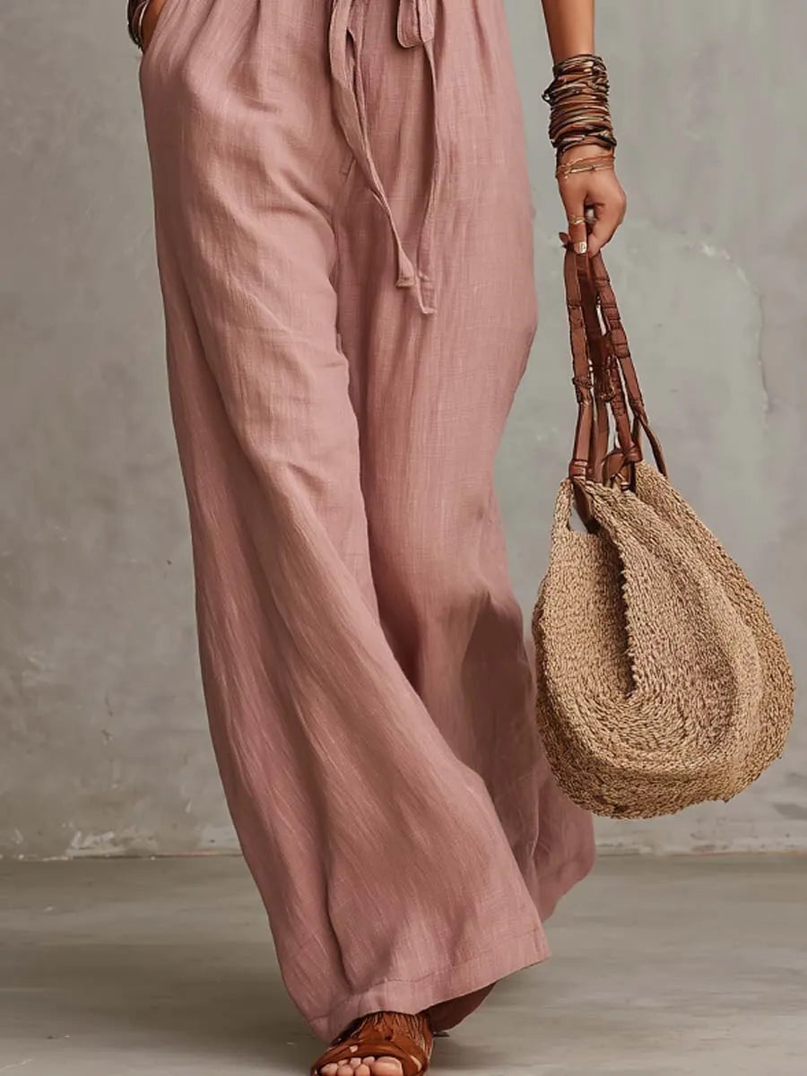 Bohemian Keyhole Halter Neck Cotton-Linen Jumpsuit