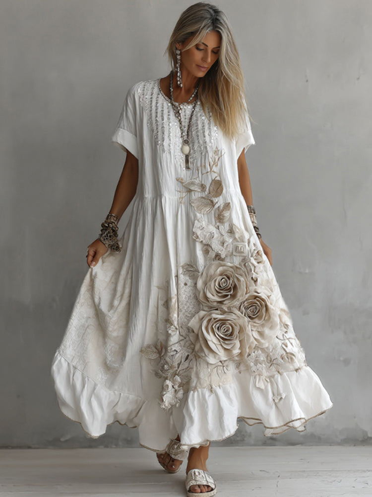 Women's White Rose Embroidery Art Round Neck Short Sleeve Linen Blend Midi Dress