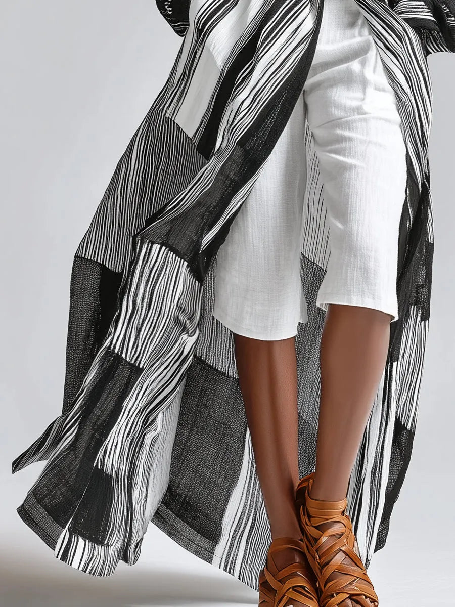 Striped Long Shirt Dress & White Mid-Length Shorts Set (With Belt)