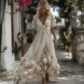 Women's Vintage Floral Embroidery Art Comfy Linen Maxi Dress