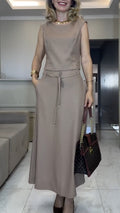 Beige Sleeveless Top & Midi Skirt Co-Ord Set