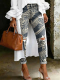 Women's Fashion Ethnic Floral Stripes Artistic Print Casual Skinny Ripped Jeans