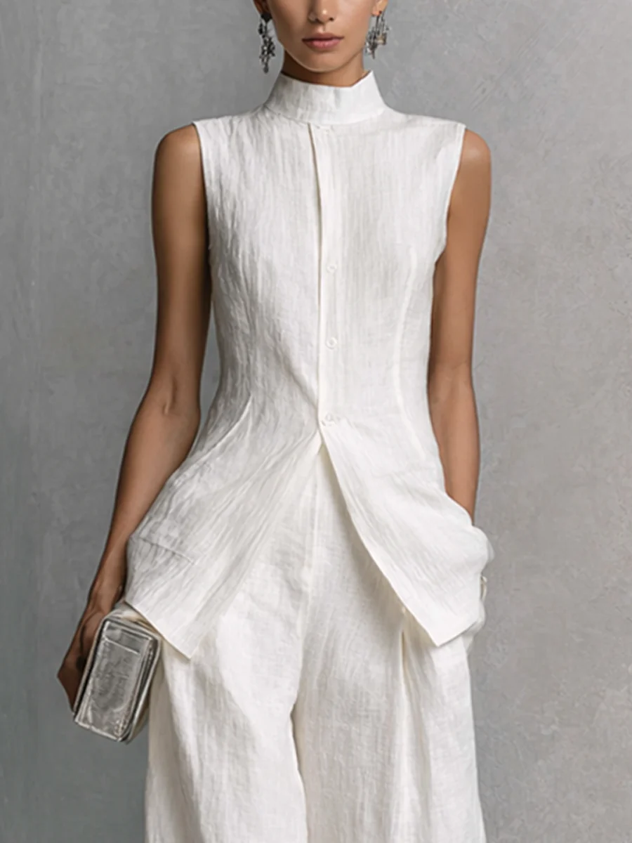 White Minimalist Sleeveless Top And Wide-leg Pants Suit